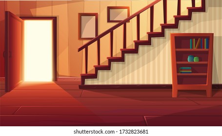 Vector cartoon style illustration of house interior. Entrance open door with stairs and rustic vintage furniture and wooden floor. 