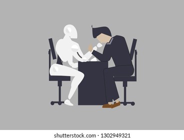 Vector cartoon style illustration of human businessman vs robot confrontation arm wrestling. Modern technology concept