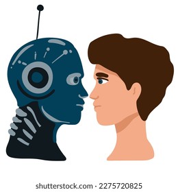 Vector cartoon style illustration of human vs robot confrontation arm wrestling. Modern technology concept.