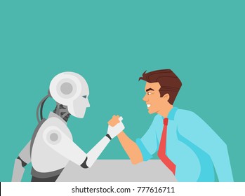 Vector cartoon style illustration of human aggressive businessman vs robot confrontation arm wrestling. Modern technology concept.