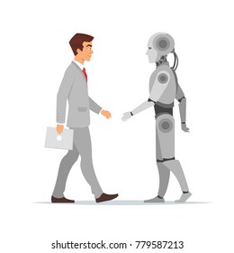Vector cartoon style illustration of human businessman and robot standing in front of each other. Modern technology concept.
