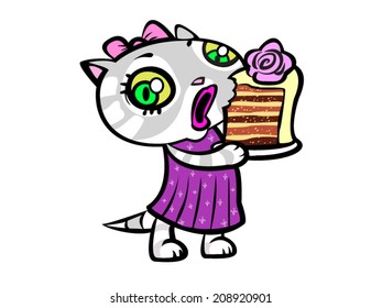 Vector cartoon style illustration with hungry kitten. Cat in violet dress, eating a piece of cake. Cute character isolated on white background. Use as T-shirt print, article  illustration etc.