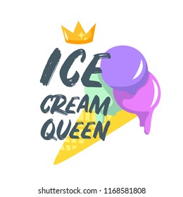 Vector cartoon style illustration of ice cream and golden crown. Ice cream queen typography slogan for apparel design.