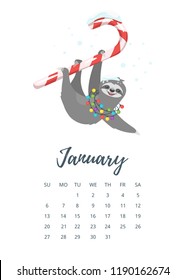 Vector cartoon style illustration of January 2019 year calendar page with cute sloth character holding Santa Claus gift bag full of presents.Hanging on big stripped candy cane. Exaggerated object.