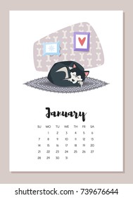 Vector cartoon style illustration of January dog 2018 year calendar page. Isolated on white background. Template for print.