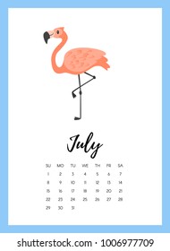 Vector cartoon style illustration of July 2018 year calendar page with cute animal flamingo. Template for print.