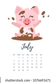 Vector cartoon style illustration of July 2019 year calendar page with cute happy pink pig bathing in mud. Template for print.