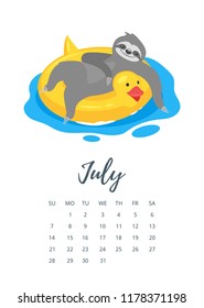 Vector cartoon style illustration of July 2019 year calendar page with cute resting sloth character. Summer vacation. Yellow rubber duck inflatable circle. 