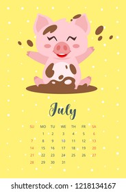 Vector cartoon style illustration of July 2019 year calendar page with cute happy pink pig bathing in mud. Template for print.