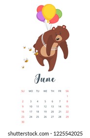 Vector cartoon style illustration of June 2019 year calendar page with cute brown grizzly bear, isolated on white background. Teddy trying to escape from angry bees with the help of colorful balloons.