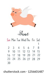 Vector cartoon style illustration of June 2019 year cute calendar page with pink pig flying with angel wings.Template for print.