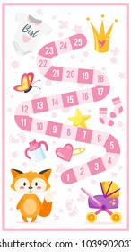 Vector cartoon style illustration of kids baby shower girl board game template with celebration elements. For print. Vertical composition.