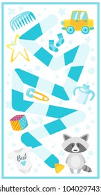 Vector cartoon style illustration of kids baby shower boy board game template with celebration elements. For print. Vertical composition.