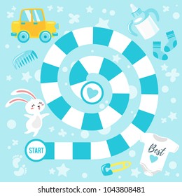 Vector cartoon style illustration of kids baby shower boy board game template with celebration elements. For print. Square composition. 