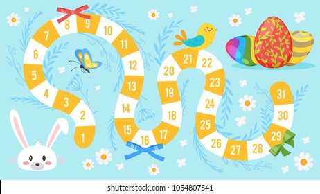 Vector cartoon style illustration of kids Easter board game template. For print. Horizontal composition with holiday symbols- painted eggs and cute bunny. Blue background.