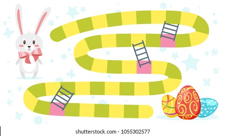 Vector cartoon style illustration of kids Easter board game template. For print. Horizontal composition with holiday symbols - painted eggs and cute bunny. White background.