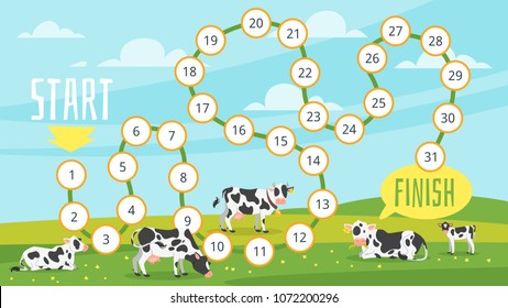 Vector cartoon style illustration of kids farm board game template with cows graze in a field. Good sunny day. Nature background. For print. 