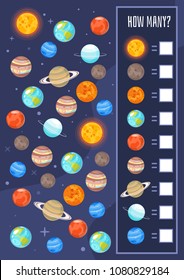 Vector cartoon style illustration of kids space board game template. For print. Vertical composition.Counting game for preschool.