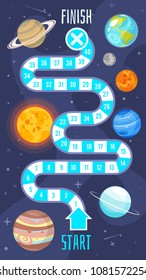Vector cartoon style illustration of kids space board game template. For print. Horizontal composition