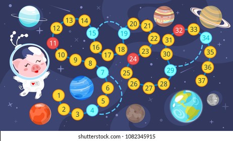 Vector cartoon style illustration of kids space board game template. Help little pig to reach the Earth. For print. Horizontal composition