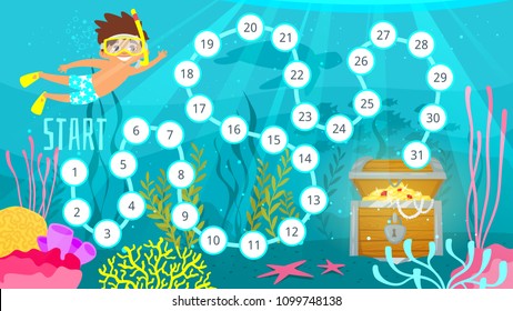 Vector cartoon style illustration of kids board game template with sea life. Help little diver to reach the treasure at the sea bottom. For print. Horizontal composition underwater background .