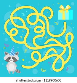 Vector cartoon style illustration of kids Happy Birthday board game template. Help the raccoon to find a present. For print. Square composition. Funny maze or labyrinth for children.