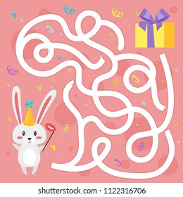 Vector cartoon style illustration of kids Happy Birthday board game template. Help the bunny to find a present. For print. Square composition. Funny maze or labyrinth for children.