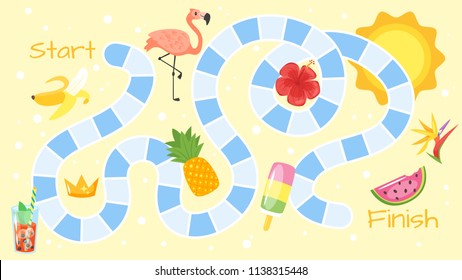 Vector cartoon style illustration of kids summer board game template. For print. Horizontal composition.