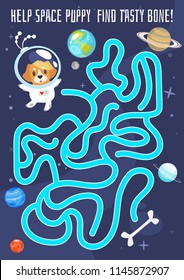 Vector cartoon style illustration of kids space board game labyrinth template. Help cute dog to reach the bone. For print. Vertical composition.