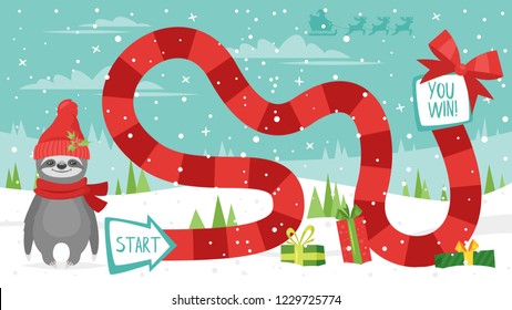 Vector cartoon style illustration of kids Christmas board game with cute lazy sloth. For print.
