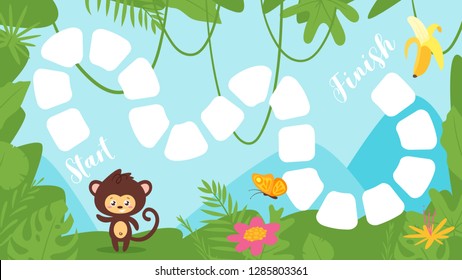 Vector cartoon style illustration of kids tropic jungle board game with cute wild animal - little monkey on rainforest background. Template for print.