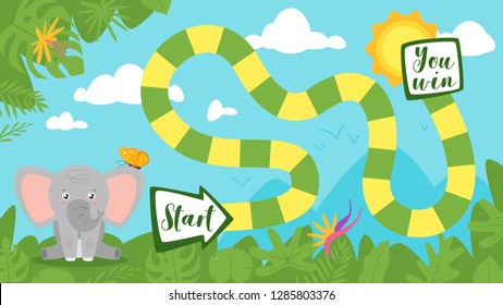 Vector cartoon style illustration of kids tropic jungle board game with cute wild animal - elephant on rainforest background. Template for print.