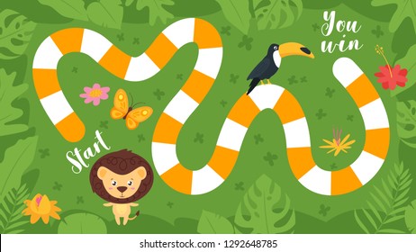 Vector cartoon style illustration of kids tropic jungle board game with cute wild animals - lion and toucan. Template for print.