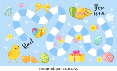 Vector cartoon style illustration of kids Easter board game with holiday symbols - little chicken and eggs. Template for print.