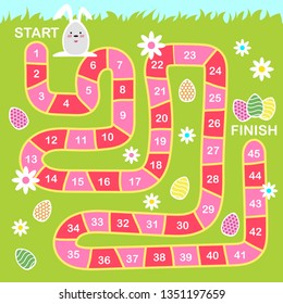 Vector cartoon style illustration of kids Easter board game with holiday symbols. Template for print.