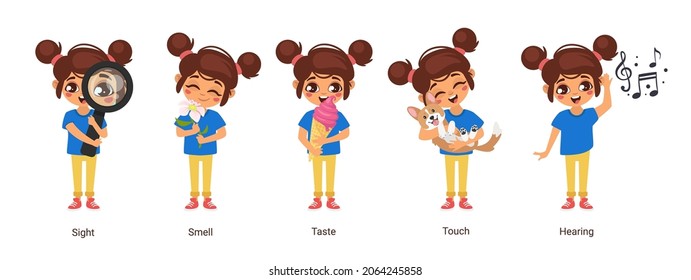 Vector Cartoon Style Illustration Of Kids Showing Five Human Senses. Touch, Hearing, Sight, Smell, Taste Clipart. Isolated On White Background.