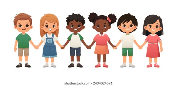 Vector cartoon style illustration. Kids holding hands together. Different races. Happy children smiling. 