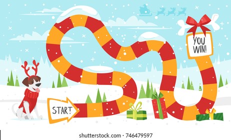 Vector cartoon style illustration of kids Christmas board game with dog wearing deer horns template. For print. 