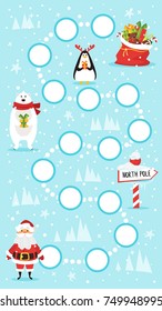 Vector cartoon style illustration of kids Christmas and New Year board game with holiday symbols template. For print. 