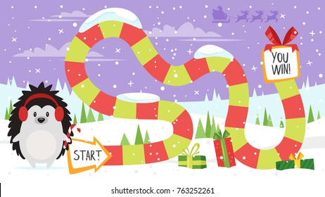 Vector cartoon style illustration of kids Christmas board game with hedgehog holding candy cane template. For print. 