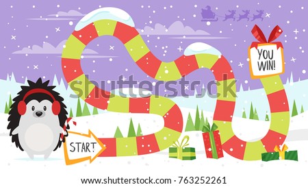 Vector cartoon style illustration of kids Christmas board game with hedgehog holding candy cane template. For print. 