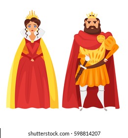 Vector cartoon style illustration of King and queen. Icon for web. Isolated on white background.