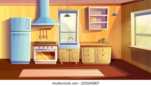 Vector cartoon style illustration of kitchen room. Fridge, oven with a stove and hob, sink, kabinets and extractor hood.