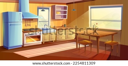 Vector cartoon style illustration of kitchen room. Dining room with dining wooden table. Fridge, oven with a stove and hob, sink, kabinets and extractor hood.