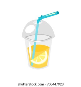 Vector cartoon style illustration of lemonade in plastic cup. Isolated on white background.