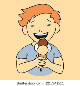 Vector cartoon style illustration of little smiling kid eating a big ice cream