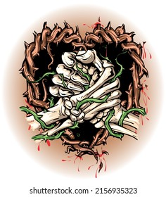 Ilustración de estilo de dibujos animados vectores para una plantilla de diseño de logotipo para el apretón de manos esqueléticos en forma de corazón de espinas.