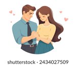 Vector cartoon style illustration. Lovely couple holding hands. Man and woman together. Hearts and love concept. 