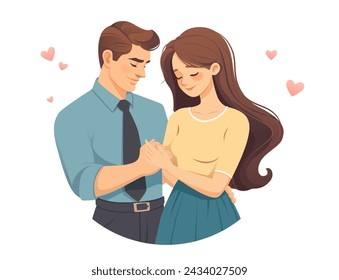 Vector cartoon style illustration. Lovely couple holding hands. Man and woman together. Hearts and love concept. 