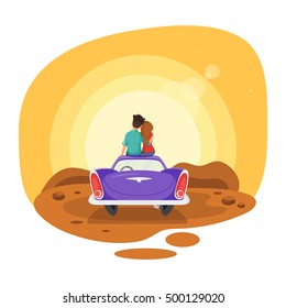 Vector cartoon style illustration of loving couple sitting on the vintage car looking at the sunset. Isolated on white background.